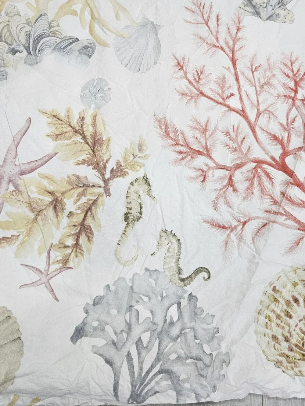 Pottery Barn Atlantic F/Q Duvet Organic Cotton Sea Life Coral Shells Coastal